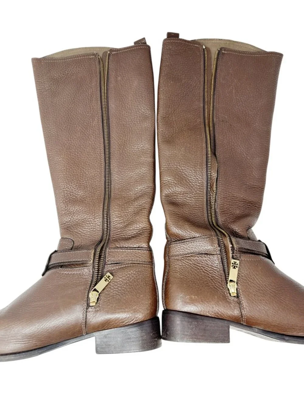 Tory Burch Logo Harness Riding Boots Brown Pebbled Leather Women's 10.5